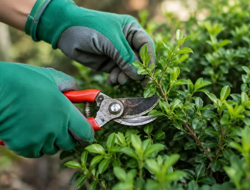 Manos con guantes podando un arbusto con tijeras de jardín