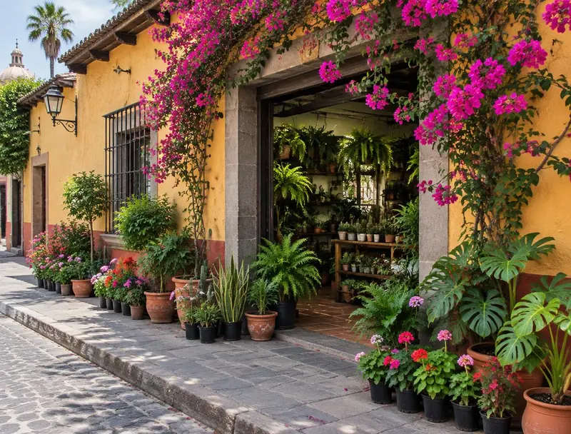 Fachada de un vivero con bugambilias y plantas en macetas sobre la banqueta