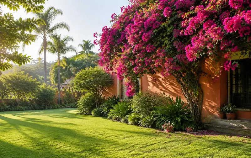 Jardín con pasto verde y bugambilias magenta sobre un muro color terracota